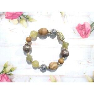 Semi Precious Stone Light Green Beaded Stretch Bracelet Wood Silver Tone